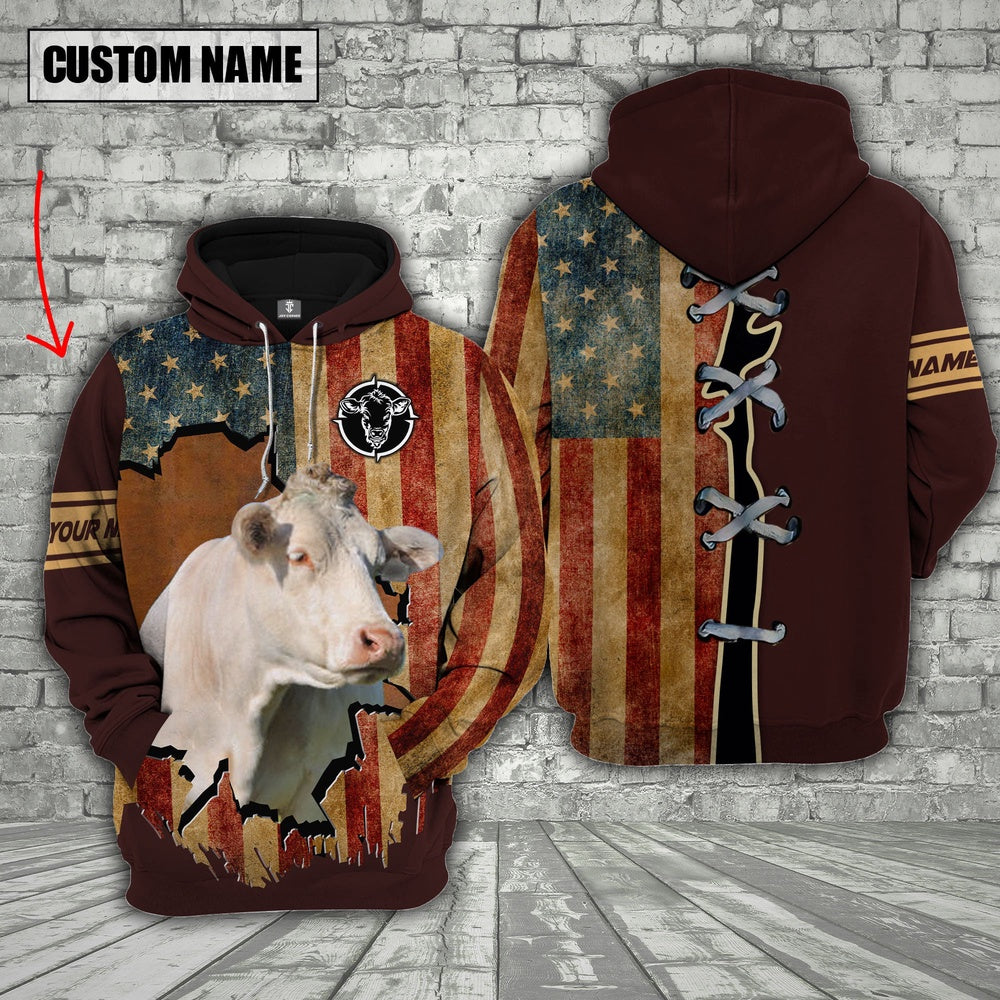 Charolais US Flag Retro Personalized 3D Hoodie, Farmer Hoodie, Custom Farm Shirts, Farmer T Shirt