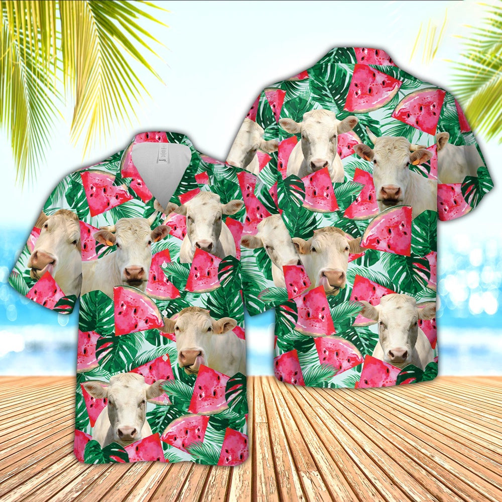 Charolais Watermelon 3D Hawaiian Shirt, Farm Hawaiian Shirt, Farmer Hawaii