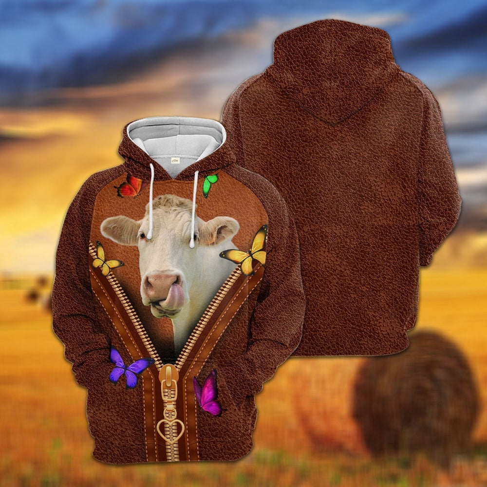 Charolais Zipper Sewing To Leather Hoodie, Farmer Hoodie, Farm Themed Shirts, Farm Tee Shirts