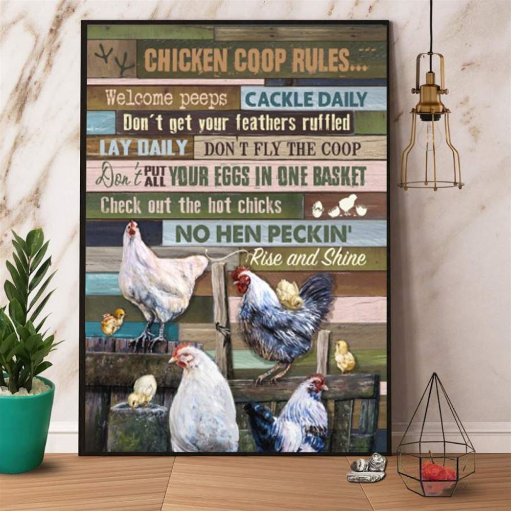 Chicken Coop Rules Don'T Get Your Feather Ruffled No Hen Peckin' Rise And Shine Farmer Love Canvas, Farm Canvas, Farm Art Decor