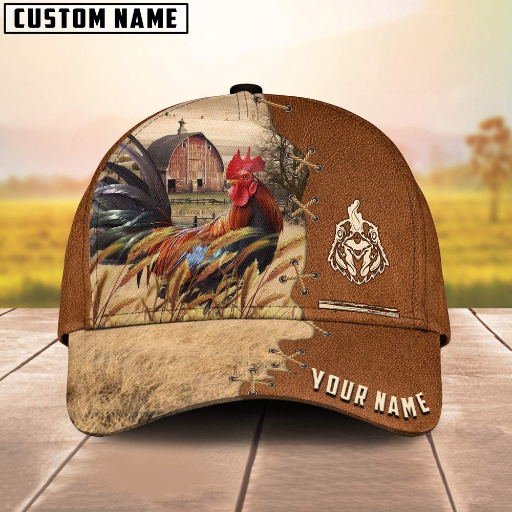 Chicken Custom Name Brown Leather Pattern Cap, Farmer Cap, Vintage Farmer Hat, Mens Farmer Hats, Cap For Farmers