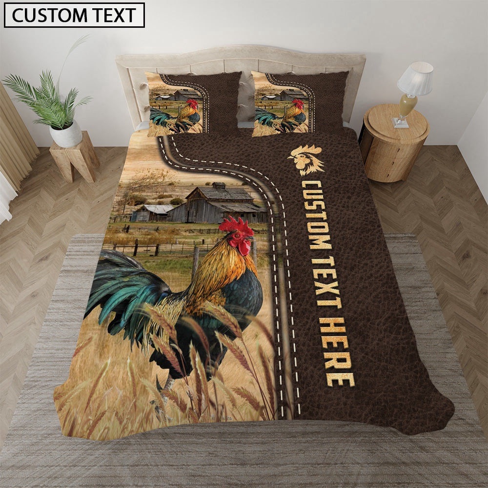 Chicken Custom Text Leather Pattern Bedding Set, Farm Bedding Set, Farmhouse Bedding Set