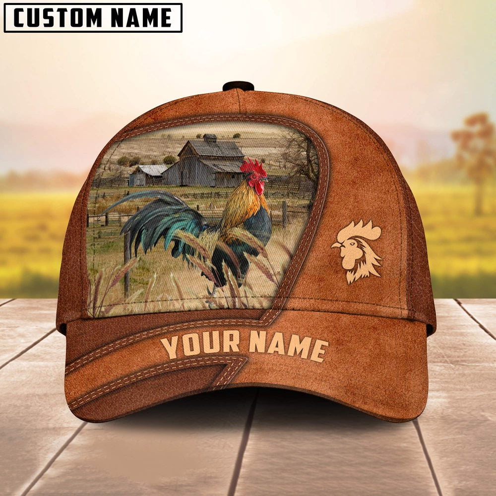 Chicken Customized Name Brown Leather Pattern Cap, Farmer Cap, Vintage Farmer Hat, Mens Farmer Hats, Cap For Farmers