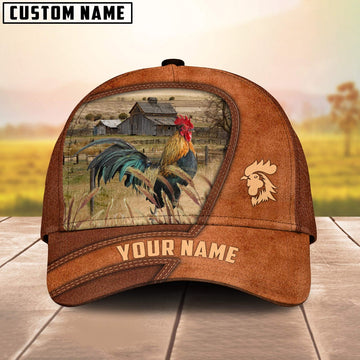 Chicken Customized Name Brown Leather Pattern Cap, Farmer Cap, Vintage Farmer Hat, Mens Farmer Hats, Cap For Farmers