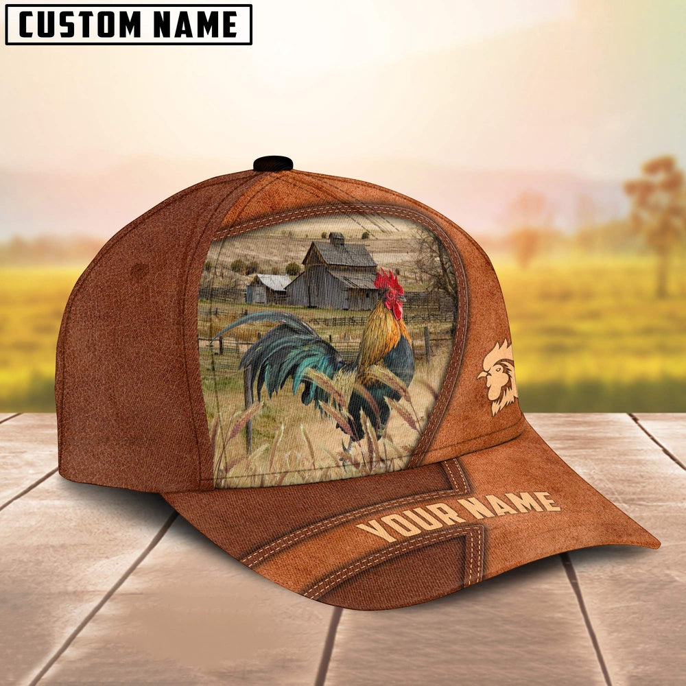 Chicken Customized Name Brown Leather Pattern Cap, Farmer Cap, Vintage Farmer Hat, Mens Farmer Hats, Cap For Farmers