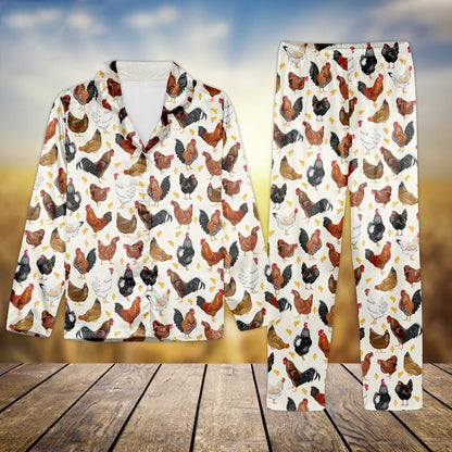 Chicken Flower Pattern All Over Print Pajamas Sets, Farm Pajamas, Farm Animal Pajamas, Christmas Farm Pajamas