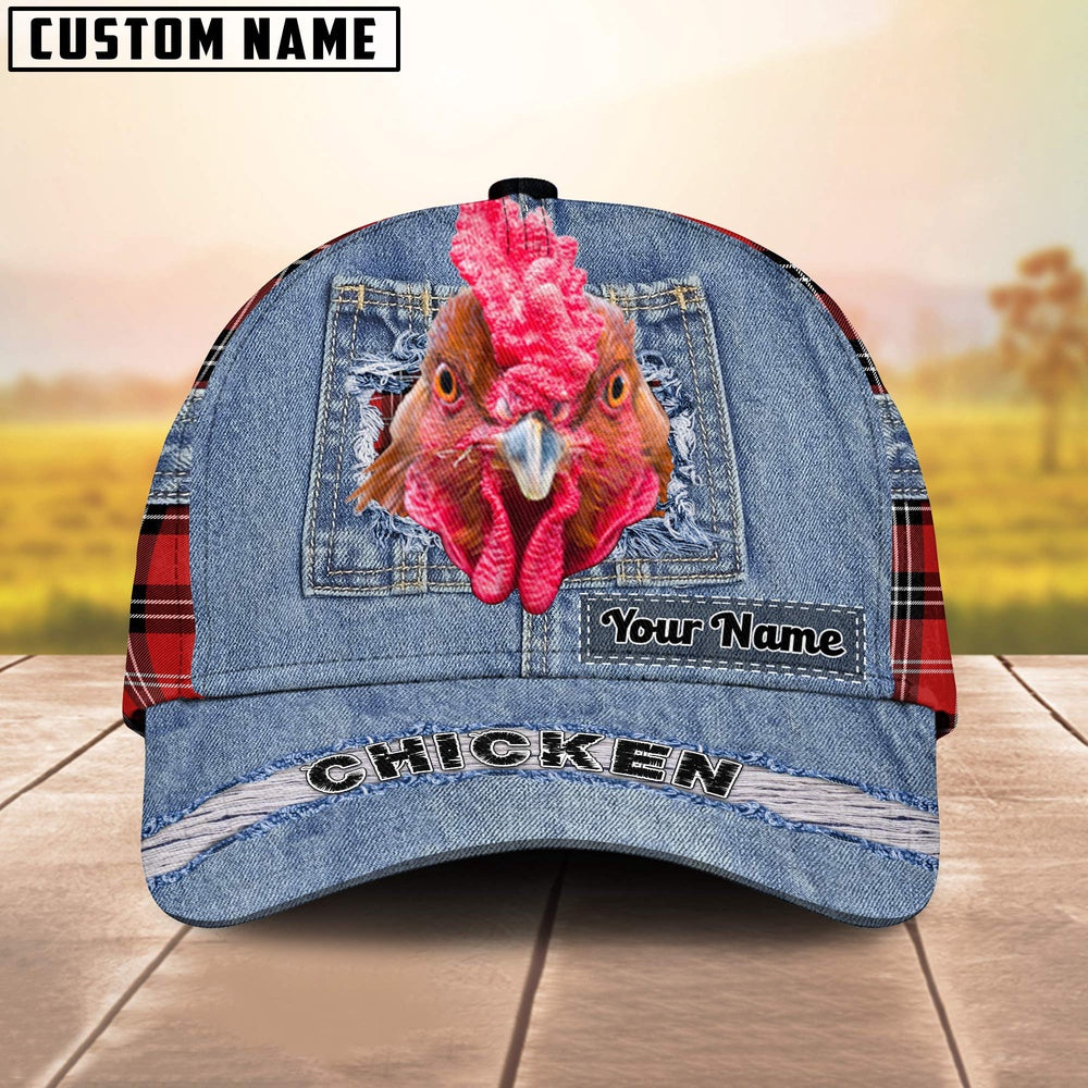 Chicken Overall Jeans Pattern And Red Caro Pattern Customized Name Cap, Farmer Cap, Vintage Farmer Hat, Mens Farmer Hats, Cap For Farmers