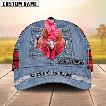 Chicken Overall Jeans Pattern And Red Caro Pattern Customized Name Cap, Farmer Cap, Vintage Farmer Hat, Mens Farmer Hats, Cap For Farmers