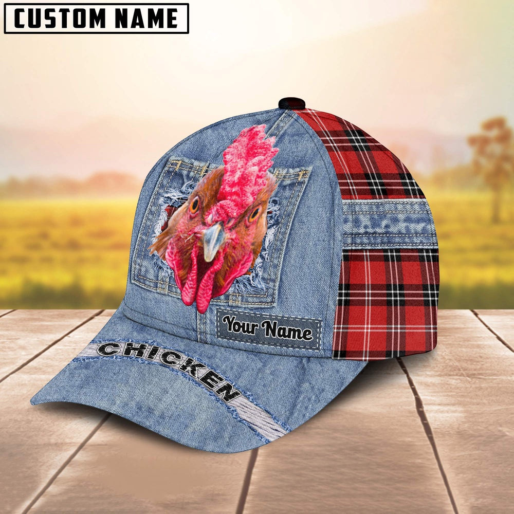 Chicken Overall Jeans Pattern And Red Caro Pattern Customized Name Cap, Farmer Cap, Vintage Farmer Hat, Mens Farmer Hats, Cap For Farmers