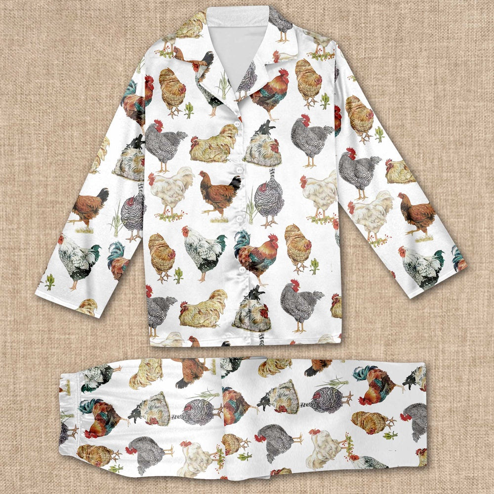 Chicken Pattern All Over Print Pajamas Sets, Farm Pajamas, Farm Animal Pajamas, Christmas Farm Pajamas