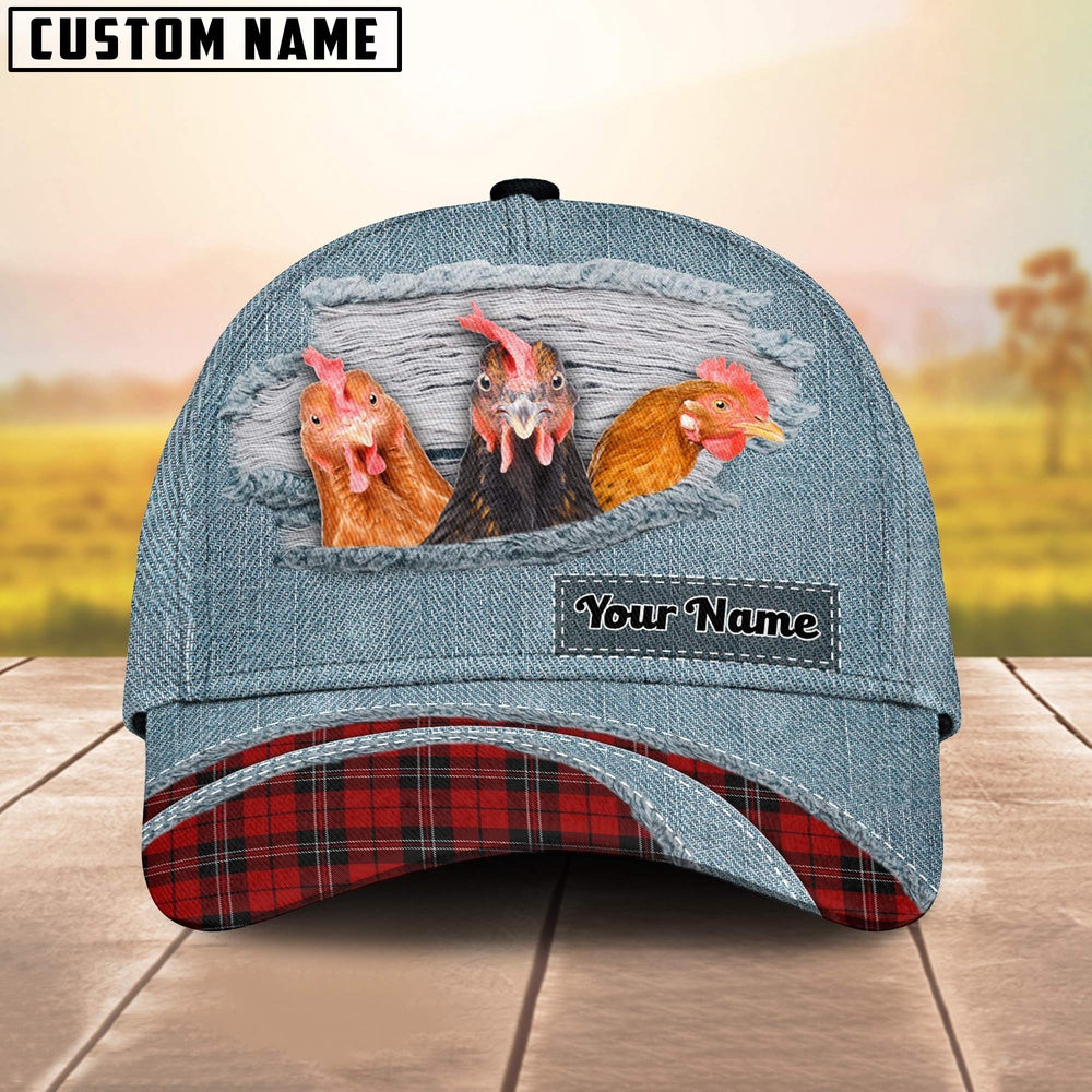 Chicken Red Caro And Jeans Pattern Customized Name Cap, Farmer Cap, Vintage Farmer Hat, Mens Farmer Hats, Cap For Farmers