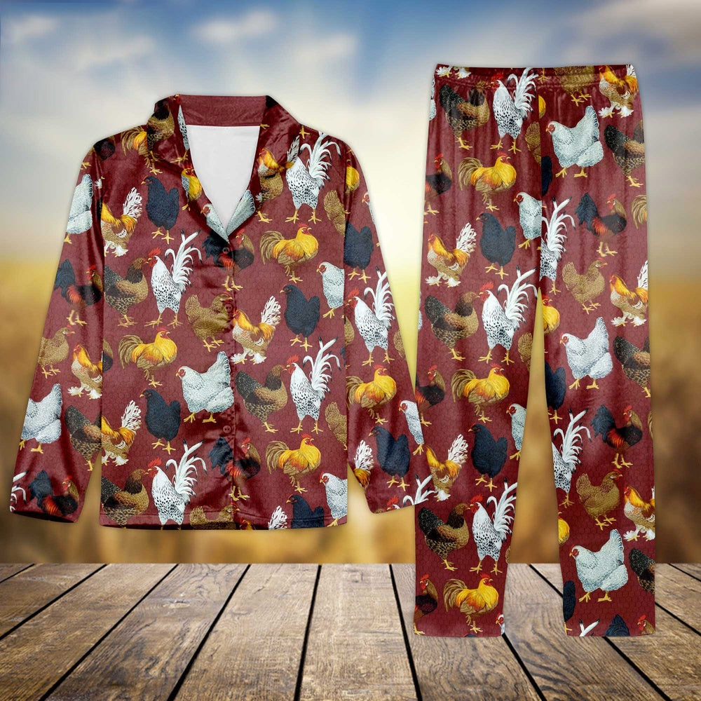 Chicken Red Pattern All Over Print Pajamas Sets, Farm Pajamas, Farm Animal Pajamas, Christmas Farm Pajamas