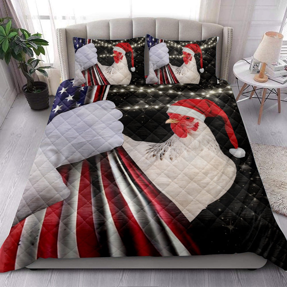 Chicken Rooster Santa Hat Snowflakemas String Light Us Flag Bedding Set, Christmas Beddings, Xmas Bedding Sets