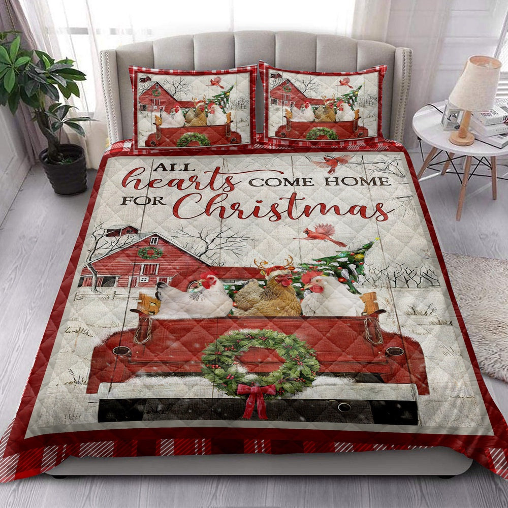 Chicken With Truckmas Tree Snowflake Cozy Farmho Use Red Plaid Bedding Set, Christmas Beddings, Xmas Bedding Sets