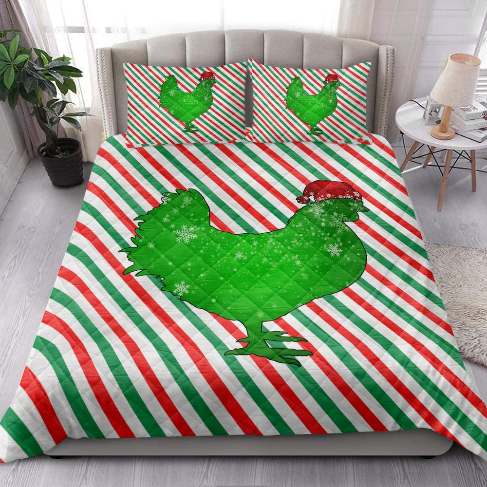 Chickenmas Hat Cane Candy Stripes Shiny Green Winter Holiday Bedding Set, Christmas Beddings, Xmas Bedding Sets