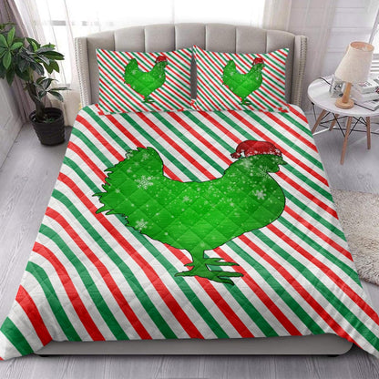 Chickenmas Hat Cane Candy Stripes Shiny Green Winter Holiday Bedding Set, Christmas Beddings, Xmas Bedding Sets