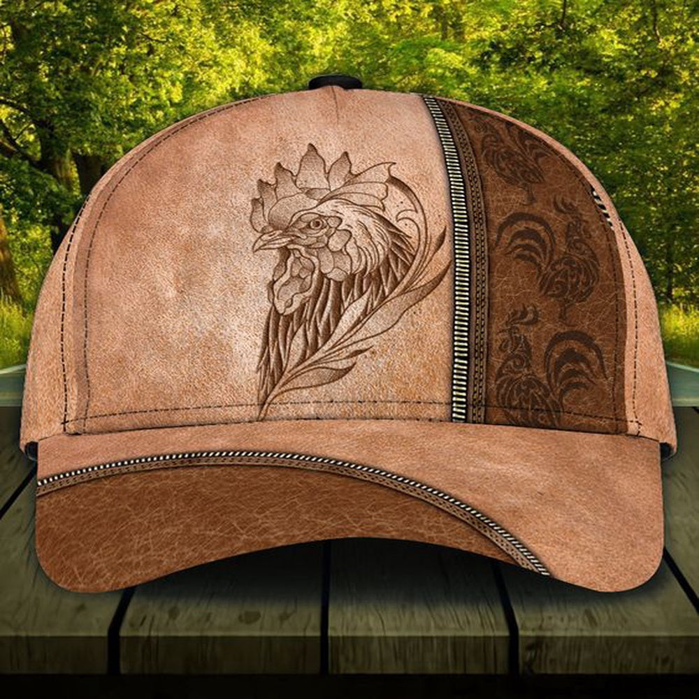 Chickens Rooster Brown Leather Pattern Cap, Farmer Cap, Vintage Farmer Hat, Mens Farmer Hats, Cap For Farmers