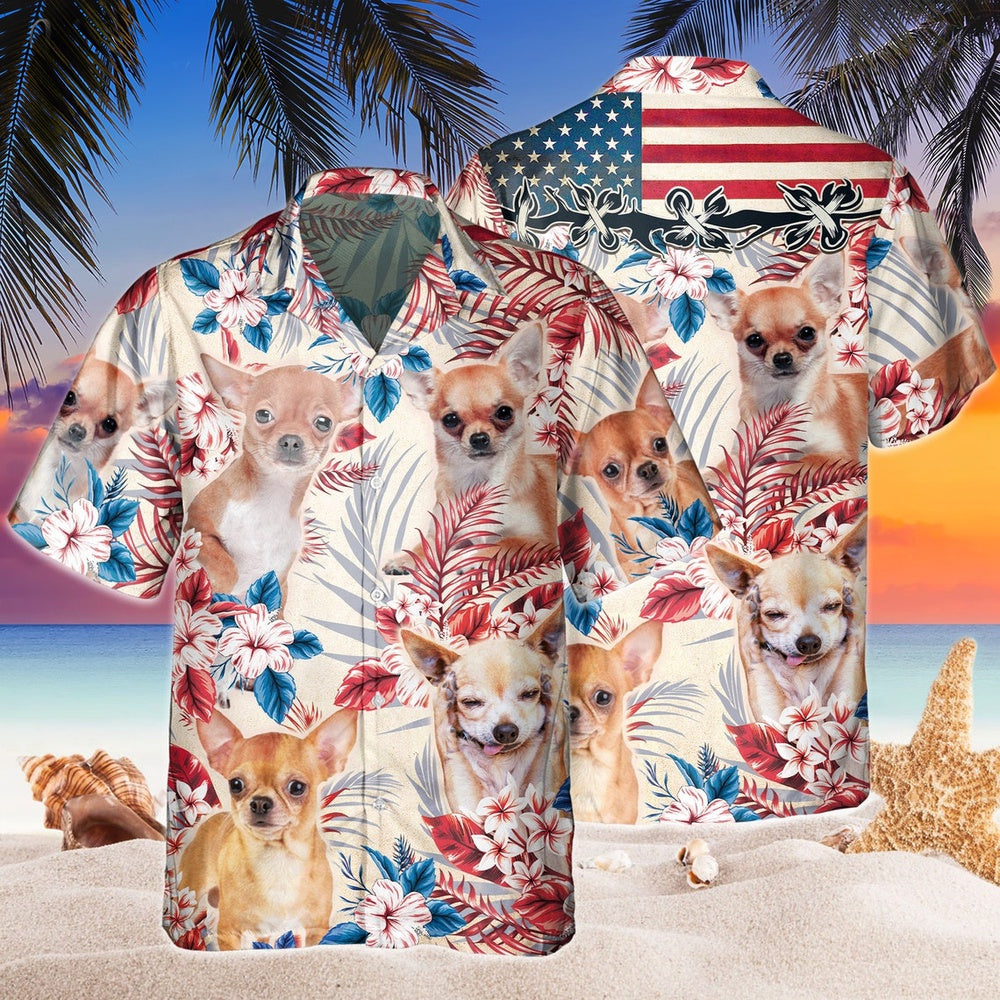 Chihuahua Dog United States Flag Hawaiian Flowers All Over Printed Hawaiian Shirt, Farm Hawaiian Shirt, Farmer Hawaii