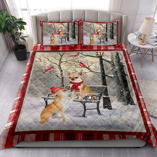 Chihuahua Hellomas Snowflake Winter Park Cardinal Holiday Bedding Set, Christmas Beddings, Xmas Bedding Sets