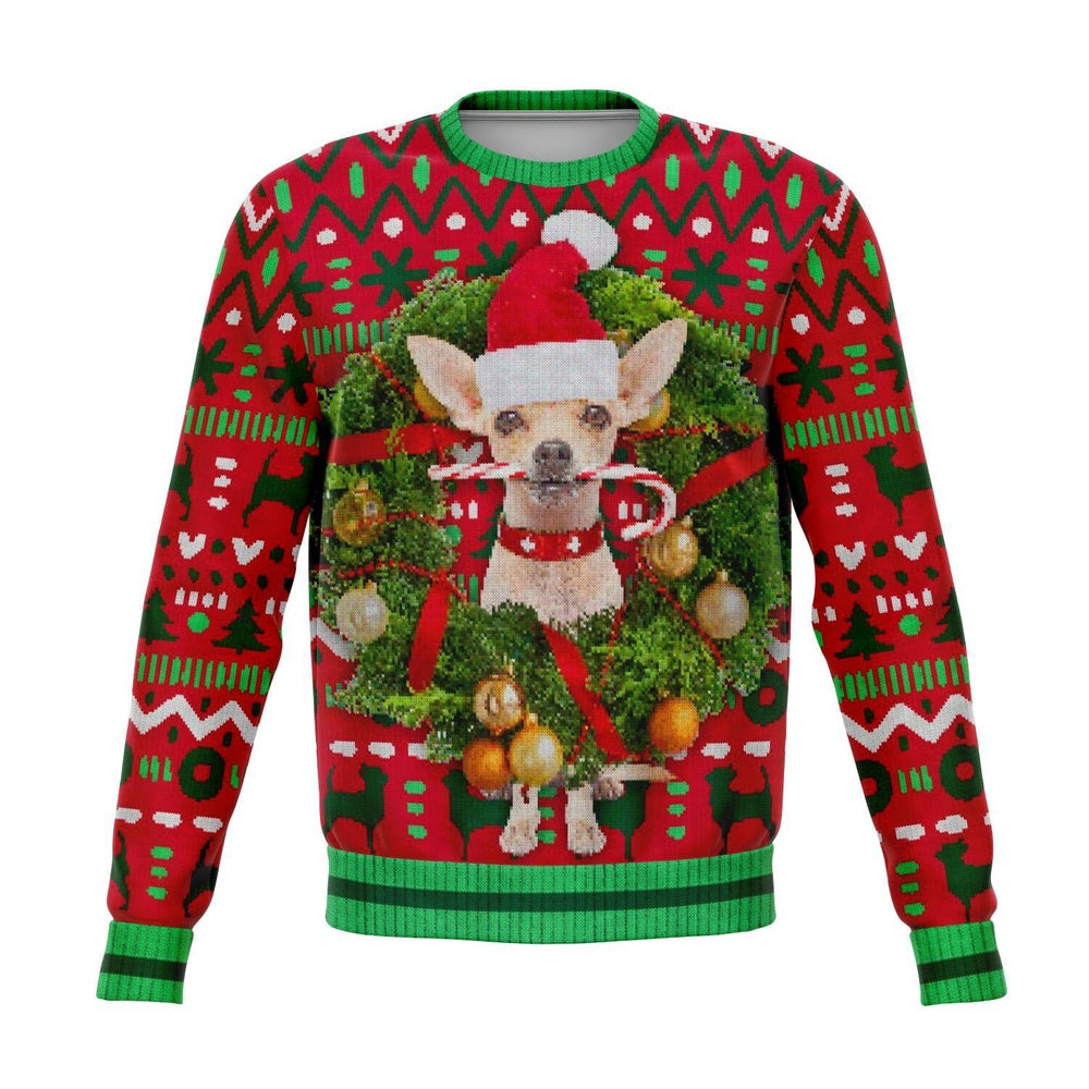Chihuahua With Wreath Christmas Ugly Sweater, Christmas Ugly Sweater, Sweater Xmas, Ugly Sweater
