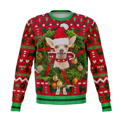 Chihuahua With Wreath Christmas Ugly Sweater, Christmas Ugly Sweater, Sweater Xmas, Ugly Sweater