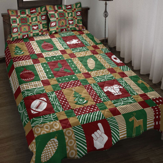 Christmas American Football Patchwork Xmas Winter Holiday Bedding Set, Christmas Beddings, Xmas Bedding Sets