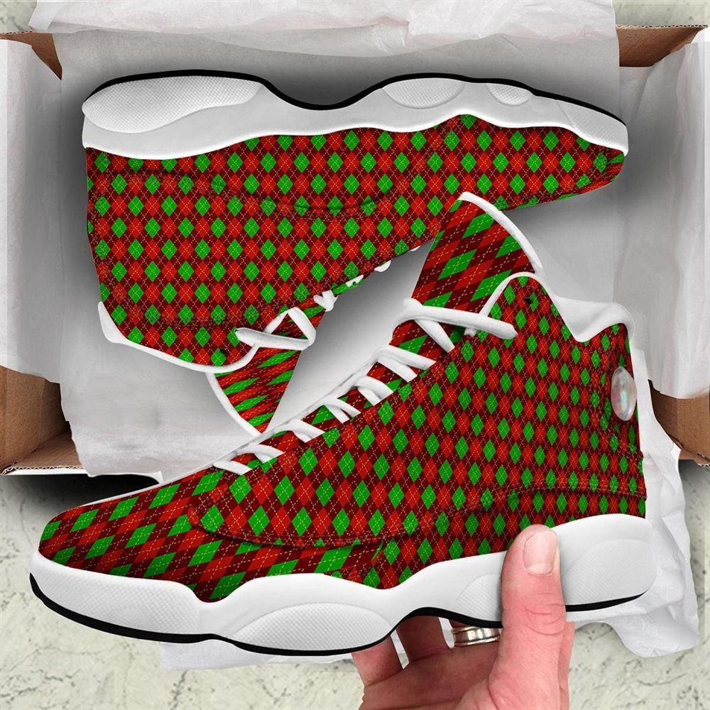 Christmas Argyle Red And Green Print Basketball Shoes, Christmas Basketball Shoes, Christmas Shoes