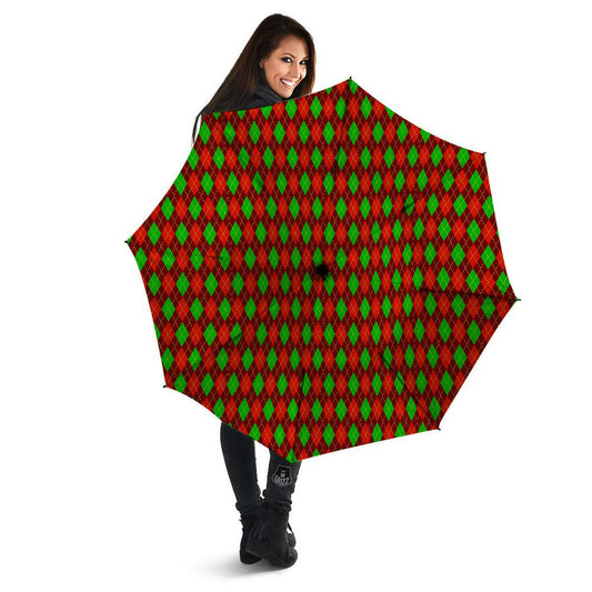 Christmas Argyle Red And Green Print Umbrella, Christmas Umbrella, Xmas Umbrella