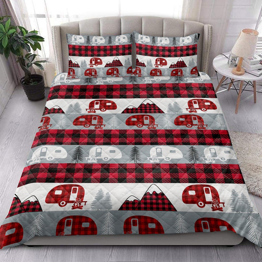 Christmas Camping Camper Red Buffalo Plaid Winter Holiday Bedding Set, Christmas Beddings, Xmas Bedding Sets