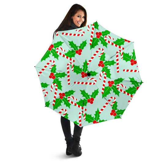 Christmas Candy Cane Pattern Print Automatic Foldable Umbrella, Christmas Umbrella, Xmas Umbrella