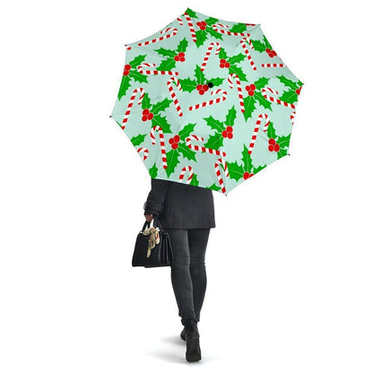 Christmas Candy Cane Pattern Print Automatic Foldable Umbrella, Christmas Umbrella, Xmas Umbrella