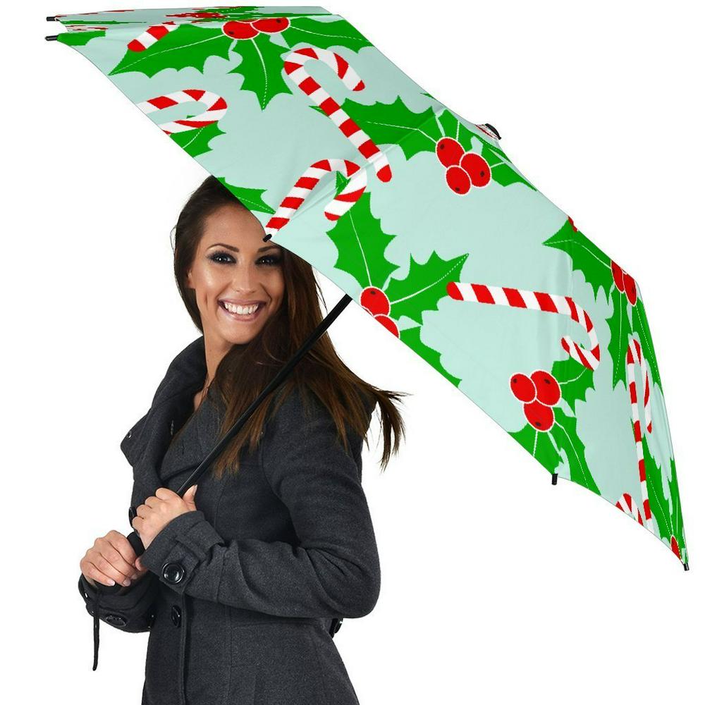 Christmas Candy Cane Pattern Print Automatic Foldable Umbrella, Christmas Umbrella, Xmas Umbrella