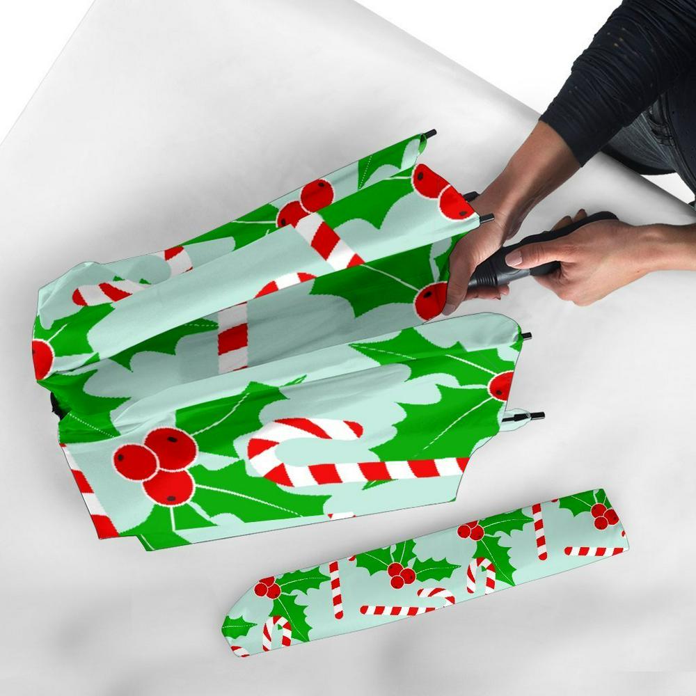 Christmas Candy Cane Pattern Print Automatic Foldable Umbrella, Christmas Umbrella, Xmas Umbrella