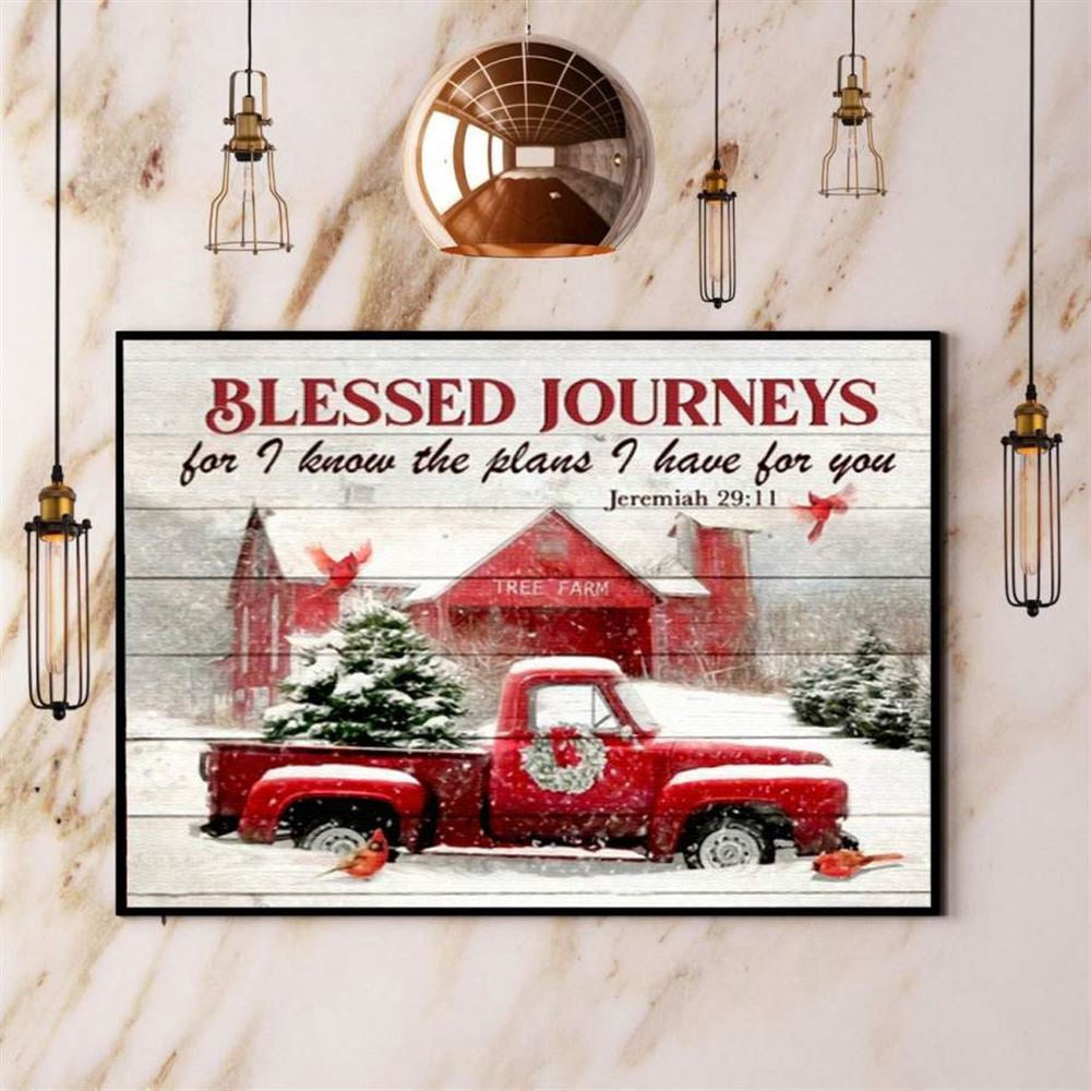 Christmas Cardinal Blessed Journeys I Know The Plans Red Truck Tree Farm Snow Xmas Tree Canvas, Farm Canvas, Farm Gift, Farm Home Decor