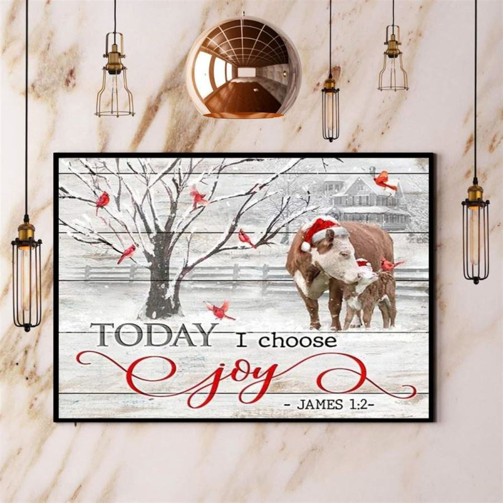 Christmas Cow Cardinal Today I Choose Joy Winter Farm Canvas, Farm Canvas, Farm Gift, Farm Home Decor
