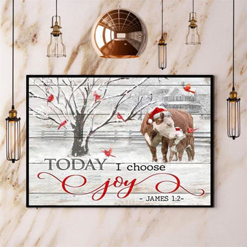 Christmas Cow Cardinal Today I Choose Joy Winter Farm Canvas, Farm Canvas, Farm Gift, Farm Home Decor