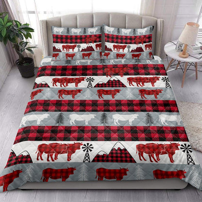Christmas Cow Red Buffalo Plaid Winter Holidays Bedding Set, Christmas Beddings, Xmas Bedding Sets