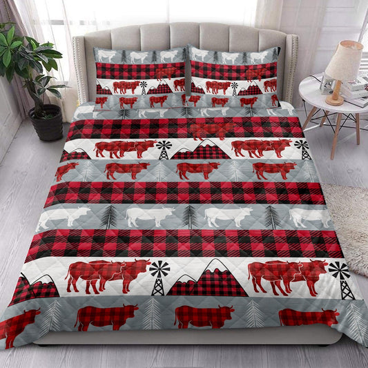 Christmas Cow Red Buffalo Plaid Winter Holidays Bedding Set, Christmas Beddings, Xmas Bedding Sets