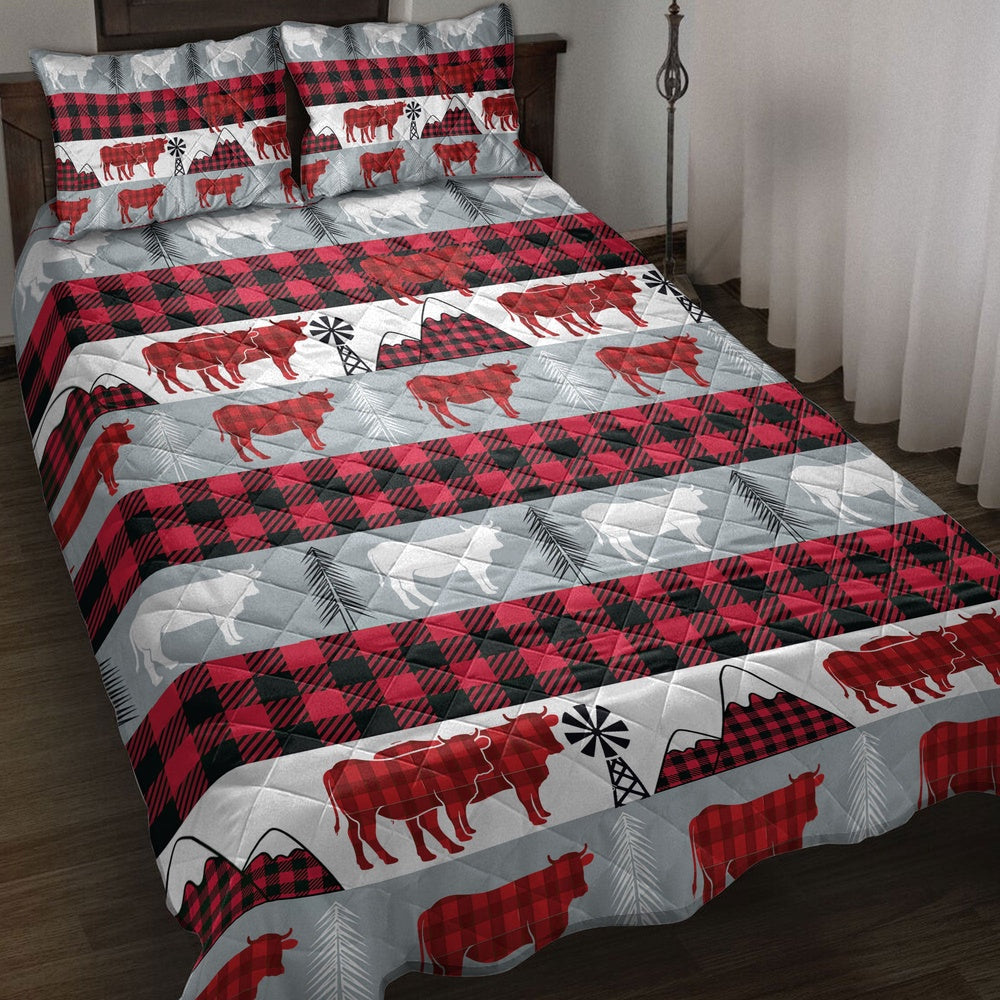 Christmas Cow Red Buffalo Plaid Winter Holidays Bedding Set, Christmas Beddings, Xmas Bedding Sets