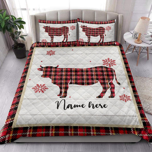 Christmas Cow Snowflake Red Plaid Bedding Set, Christmas Beddings, Xmas Bedding Sets