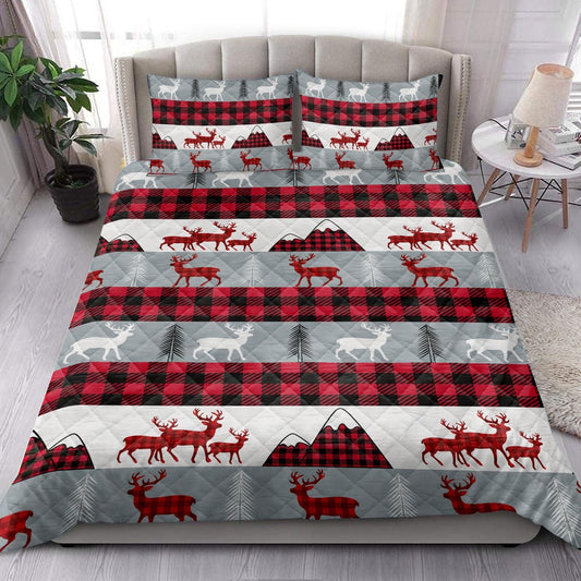 Christmas Deer Red Buffalo Plaid Winter Holiday Bedding Set, Christmas Beddings, Xmas Bedding Sets