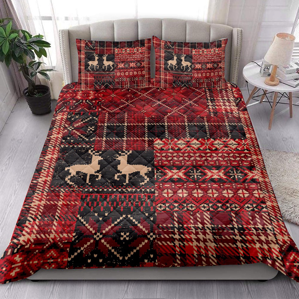 Christmas Elk Winter Nordic Abstract Jacquard Patchwork Bedding Set, Christmas Beddings, Xmas Bedding Sets