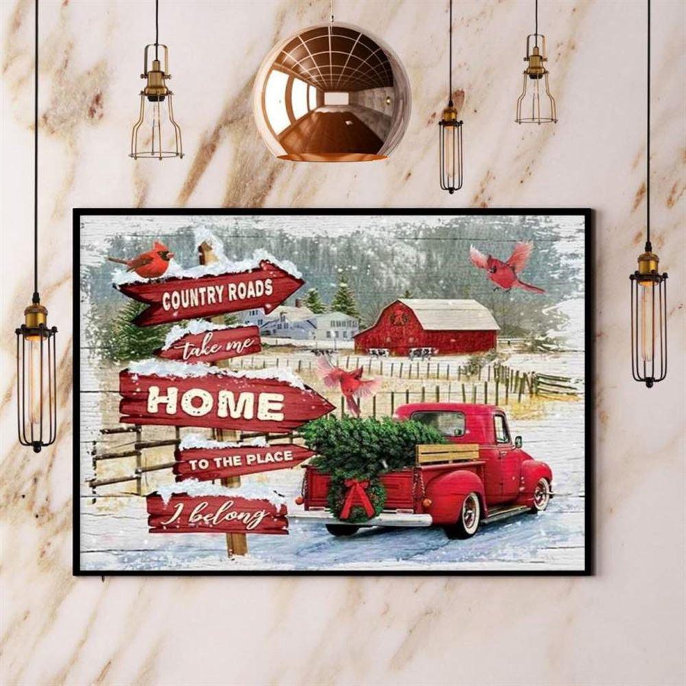 Christmas Farm Country Roads Cardinal Red Truck Xmas Tree Canvas, Farm Canvas, Farm Gift, Farm Home Decor