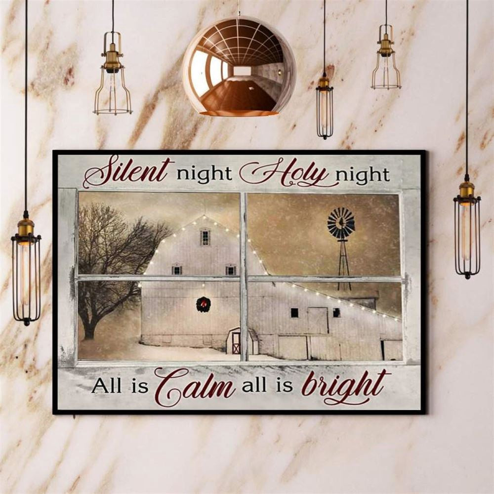 Christmas Farmhouse Silent Night Holy Night Light All Is Bright Window Horizontal Xmas Gift Canvas, Farm Canvas, Farm Gift, Farm Home Decor