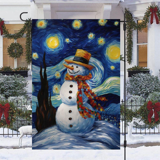 Christmas Flag, Starry Night Snowman A Whimsical Winter Celebration Christmas Garden Flag, Christmas Garden Flags, Christmas Gifts Decor