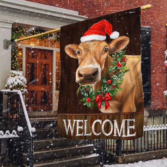Christmas Flag, Welcome Farm Funny Cow Cattle Christmas Flag, Christmas Garden Flags, Christmas Gifts Decor