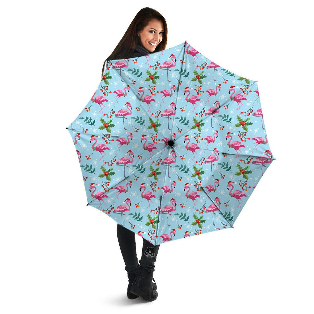 Christmas Flamingo Pink Print Pattern Umbrella, Christmas Umbrella, Xmas Umbrella