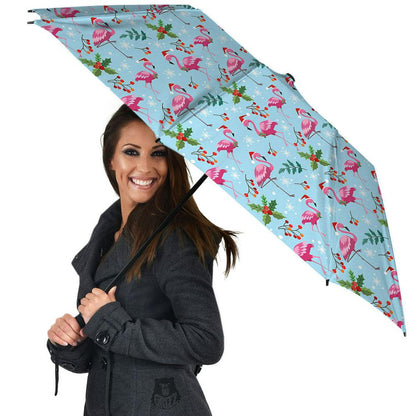 Christmas Flamingo Pink Print Pattern Umbrella, Christmas Umbrella, Xmas Umbrella