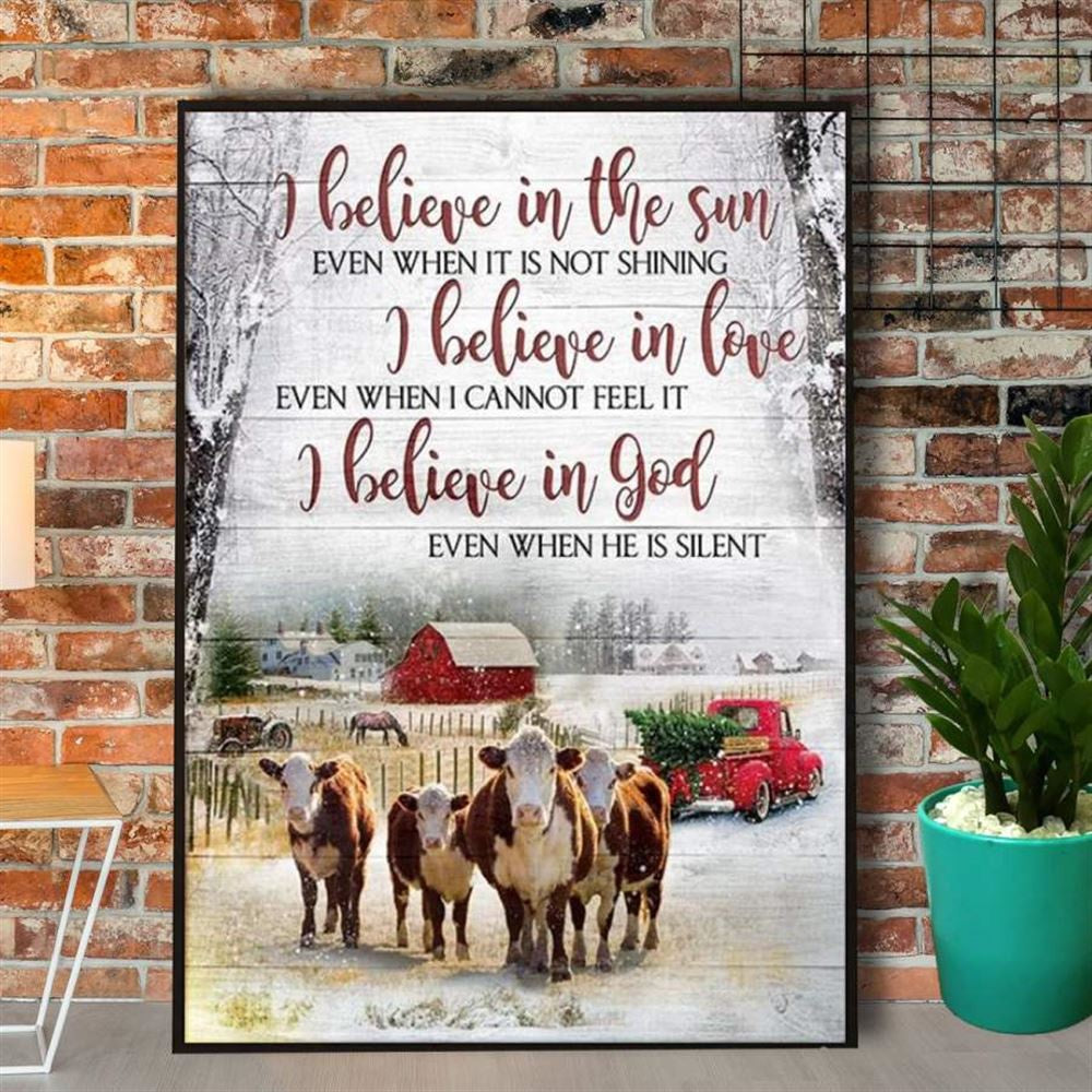 Christmas Hereford Cow I Believe In God Cattle Red Truck Farm Winter Canvas, Farm Canvas, Farm Art Decor