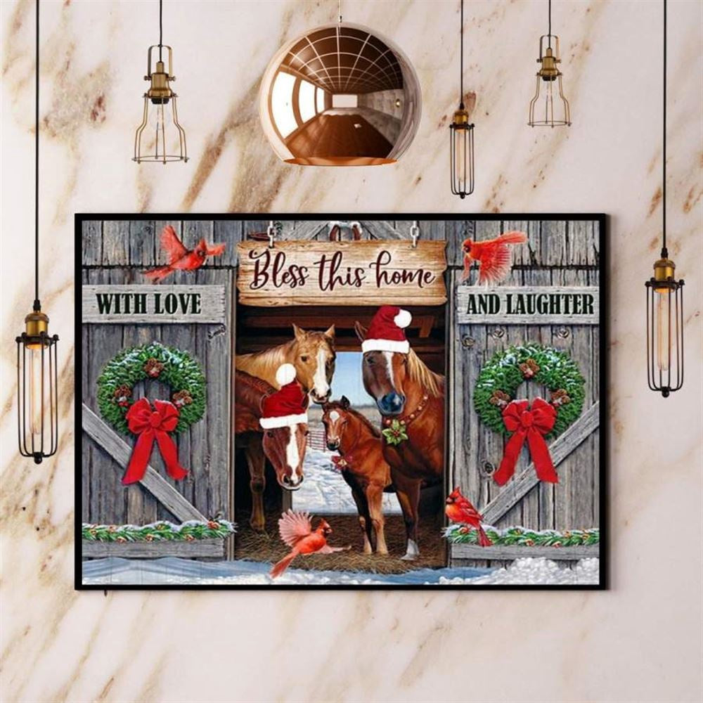 Christmas Horse Cardinal Bless This Home Santa Hat Farm Xmas Wreath Canvas, Farm Canvas, Farm Gift, Farm Home Decor